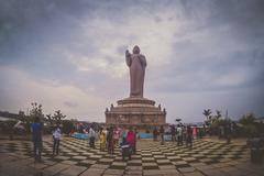 Hussain Sagar lake with a view of the Buddha statue in the center, Hyderabad