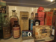 Old-fashioned medications on a wooden table