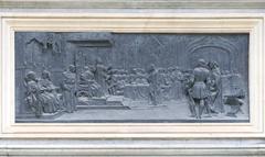 Relief on the pedestal of the monument to Christopher Columbus and Isabel of Castile in Granada, Spain