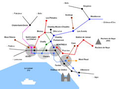 Railway and substitute tram lines map of the Goldenpass at Vaud Riviera