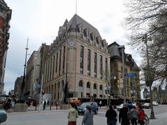 Corner of Sparks and Elgin Streets in Ottawa with Central Post Office and Lord Stanley's Gift Monument