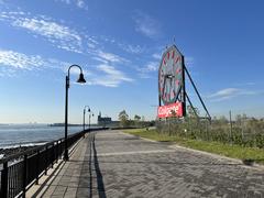 Colgate Clock in Jersey City on the morning of October 7, 2022, with Central Railroad of New Jersey Terminal and Statue of Liberty in the background