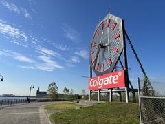 Colgate Clock in Jersey City with Central Railroad Terminal and Statue of Liberty in background on October 7, 2022