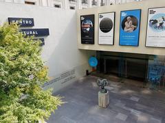 West entrance of the Centro Cultural Palacio de La Moneda in Santiago de Chile with the sculpture La Tierra by Tótila Albert