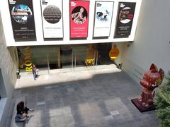 Entrance to the Centro Cultural Palacio de La Moneda in Santiago de Chile, with the Xico sculpture inspired by the Xoloitzcuintle dog by Cristina Pineda