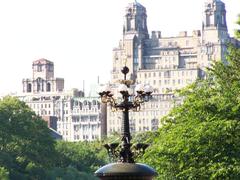 Cherry Hill Fountain in Central Park with frosted round glass lamps and a golden spire