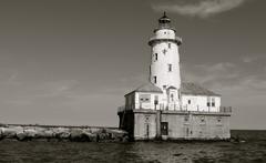 Chicago Harbor Lighthouse on Lake Michigan in black and white