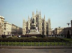 Vittorio Emanuele II monument and the facade of the Duomo in Piazza Duomo, Milan