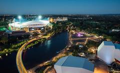 Aerial view of Adelaide on New Year's Eve with Adelaide Oval and riverbank