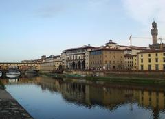 Lungarno street along the Arno river in Florence, Italy, featuring Ponte Vecchio bridge and the Uffizi