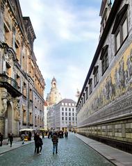 View of Augustusstraße in Dresden with Fürstenzug mural and Ständehaus building