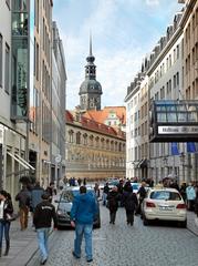 Dresden Neumarkt area with view along Töpferstraße towards Augustusstraße and Fürstenzug