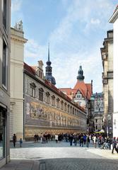 View of Augustusstraße with the Fürstenzug mural in Dresden