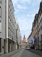 View of Töpferstraße towards Augustusstraße with the Fürstenzug and Hausmannsturm of the Residenzschloss in Dresden, Germany