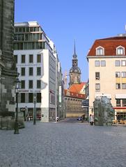 View from An der Frauenkirche in Dresden towards Augustusstraße with Fürstenzug and Hilton Hotel Dresden