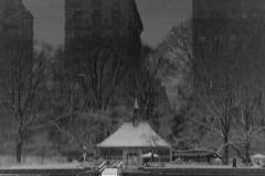 A sailboat floats on a pond in Central Park, New York City, with trees in the background.