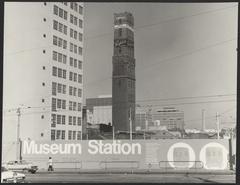 Museum Station under construction in 1974, now Melbourne Central station, with Coop's Shot Tower visible