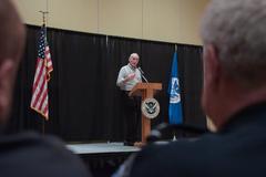 Secretary John Kelly speaking at a DHS employee engagement town hall meeting