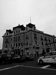 Facade of a historic building in Plaza Dos de Mayo in Lima