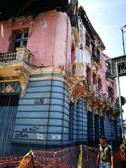 Burned building at Plaza Dos de Mayo in Lima