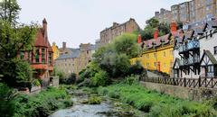 Water of Leith in Dean Village, Edinburgh with riverside paths and tall buildings