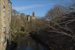 Dean Village in Edinburgh with historic buildings and scenic river