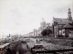 Bonsecours Market and wharves with Bonsecours Church on the right side