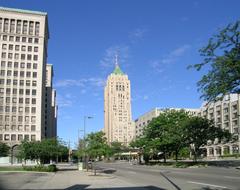 Grand Boulevard in New Center, Detroit, with Cadillac Place and Fisher Building