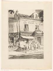 Exterior view of bookshop Au Singe qui lit in Paris, showing people looking at displayed prints.