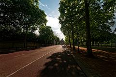 View west on Constitution Hill in London towards Commonwealth Memorial Gates and Wellington Arch with Buckingham Palace Garden on the left and Green Park on the right