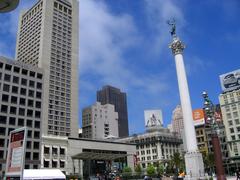 Union Square in San Francisco with surrounding buildings and people walking