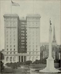 historical book illustration showing the St. Francis Hotel and Dewey Monument in San Francisco, 1906