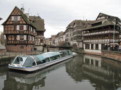 Tour boat in front of La Maison des Tanneurs restaurant in Strasbourg, France