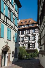 Panoramic view of Straßburg with the Ill River and historic buildings