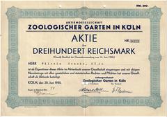 Share of the Zoologische Garten in Cologne issued on June 20, 1930