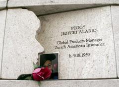 Close-up of a face carving on the 9/11 Memorial in Staten Island, NY