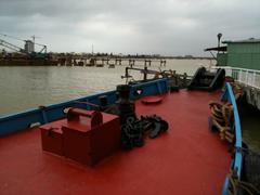 Dragon River Bridge construction on Han River in Da Nang from boat