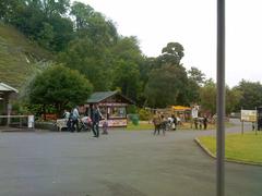 zoo scene featuring various animal exhibits and enclosures