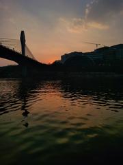 Durgam Cheruvu cable bridge during sunset in Hyderabad