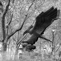 The East Coast Memorial's eagle statue against a backdrop of trees