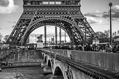 Eiffel Tower and Pont d'Iéna in black and white