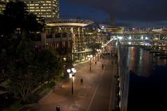 Cockle Bay Wharf at sunset with yachts and restaurants