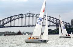 Australian sonar class sailors Jamie Dunross, Noel Robins, and Graeme Martin competing in Sydney Harbour during the 2000 Sydney Paralympic Games