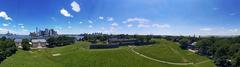 Governors Island panorama with New York Bay and Lower Manhattan skyline