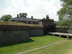 Governors Island in New York City with Manhattan skyline in the background