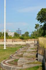 Artillery emplacements at Fort Wayne with downtown Detroit in the background