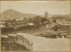 Seoul city in 1904 showing an unclear scene with possible French Consulate in the background