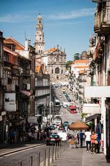 Panoramic view of Porto, Portugal with the Douro River and traditional buildings under a clear blue sky