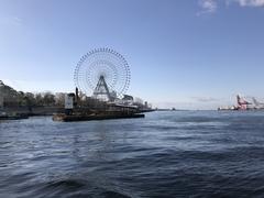 View of Ajigawa River and Tempozan Ferris Wheel from inside Tempozan ferry