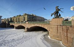 Anichkov Bridge over the Fontanka River with four equestrian statues. Saint Petersburg.